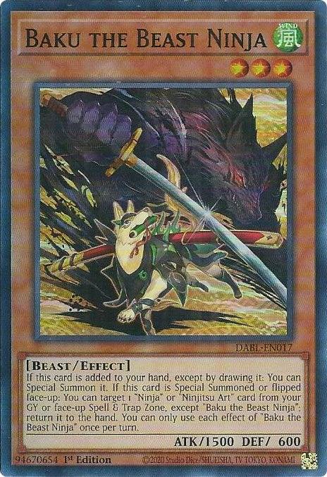 The image features a Yu-Gi-Oh! trading card titled "Baku the Beast Ninja [DABL-EN017] Super Rare," an Effect Monster from the Darkwing Blast series. It displays an anthropomorphic beast character in ninja attire, wielding a sword and shield. The card has a green background, 1500 ATK, and 600 DEF points, with detailed effects and attributes.