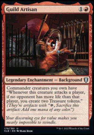 A Magic: The Gathering card titled Guild Artisan [Commander Legends: Battle for Baldur's Gate], featured in Commander Legends: Battle for Baldur's Gate, depicts a person working in a forge, surrounded by tools and fences. This red Legendary Enchantment provides a special ability enhancing Commander creatures and generates Treasure tokens. The card number and artist are also included.