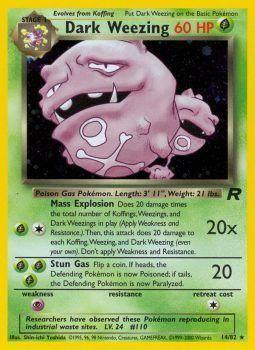 A Pokémon Dark Weezing (14/82) [Team Rocket Unlimited] trading card. The card features an image of Dark Weezing, a purple, dual-headed Pokémon with an angry expression and toxic fumes. With 60 HP, moves "Mass Explosion" and "Stun Gas," and Poison Gas Pokémon classification, it comes with a green and yellow border.