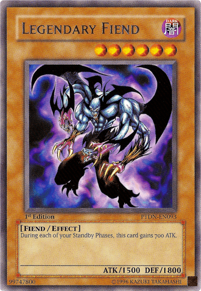 The image depicts a Yu-Gi-Oh! trading card titled "Legendary Fiend [PTDN-EN093] Rare." It is a Dark attribute Effect Monster with a purple-gray demonic creature with black wings and yellow claws. The card has six stars, indicating its level, and an effect that increases its attack by 700 points during each Standby Phase. The card has an ATK of 1500 and a