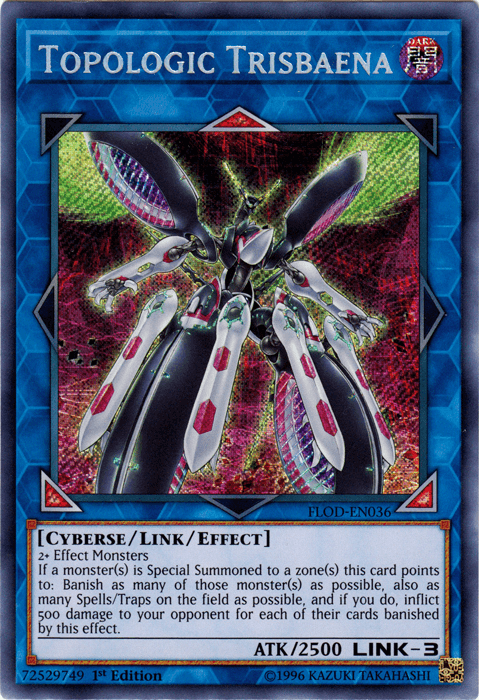 An image of the "Topologic Trisbaena [FLOD-EN036] Secret Rare" Yu-Gi-Oh! trading card. This Secret Rare, Link/Effect Monster depicts a cybernetic dragon with silver and green plating, serpentine body, and multiple appendages. It has 2500 ATK and requires 2+ Effect Monsters to summon, banishing Special Summoned monsters and spell/tr