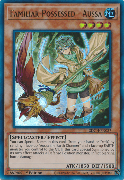 A Yu-Gi-Oh! trading card titled "Familiar-Possessed - Aussa (Alternate Art) [SDCH-EN037] Ultra Rare," an Ultra Rare Effect Monster, features an anime-style character with green hair, dressed in green and brown with a magical aura, accompanied by a bird-like creature. The card has 1850 ATK, 1500 DEF and includes summoning instructions and effects.