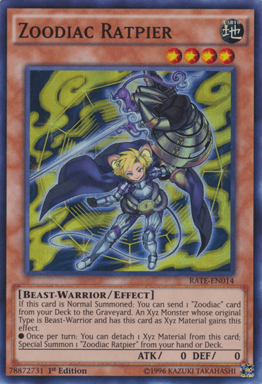 The product "Zoodiac Ratpier [RATE-EN014] Super Rare" from the Yu-Gi-Oh! brand is an Xyz Material card showcasing an armored rat with a spear, enveloped by vibrant green energy. It is classified as a Level 4 EARTH Beast-Warrior/Effect Monster with both ATK and DEF set at 0, and the effect text is detailed below its illustration.