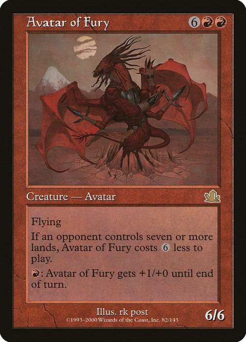Magic: The Gathering card titled "Avatar of Fury [Prophecy]" showcases a red-skinned, dragon-like creature with wings soaring above rocky terrain. This rare flying creature costs six colorless and two red mana, with abilities like reduced cost if an opponent controls seven or more lands, flying, and a power boost for tapping red mana.