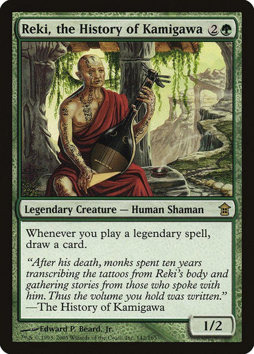 The Magic: The Gathering card named "Reki, the History of Kamigawa" from the Saviors of Kamigawa set features a legendary human shaman with tattoos playing a stringed instrument. It costs 2 generic mana and one green mana, possesses a power/toughness rating of 1/2, and has an ability that allows you to draw a card whenever you cast a legendary spell.