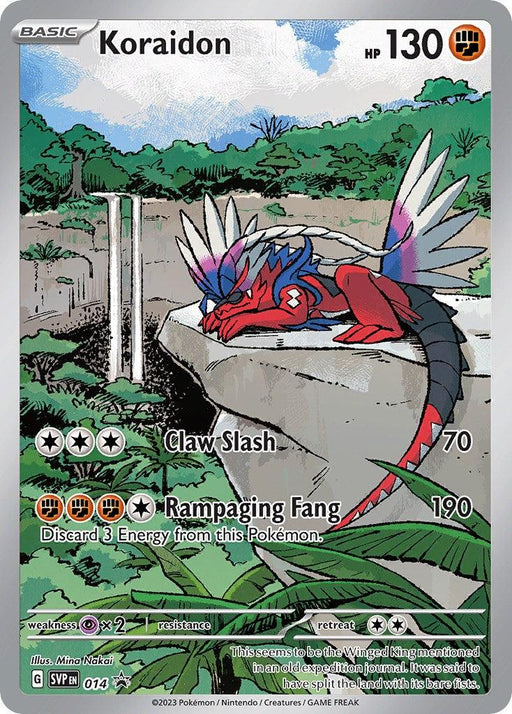 The Pokémon Koraidon (014) [Scarlet & Violet: Black Star Promos] trading card depicts Koraidon, a red and blue dragon-like creature with feathers and claws from the Scarlet & Violet series. Koraidon rests atop a stone structure in a jungle, with the moves "Claw Slash" and "Rampaging Fang" displayed. The Black Star Promo card has 130 HP and a silver border decorated with stars.