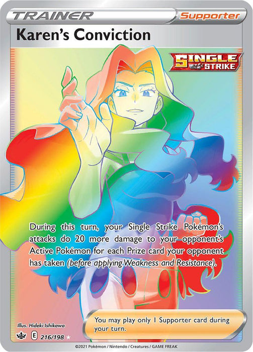A Pokémon Karen's Conviction (216/198) [Sword & Shield: Chilling Reign] from the Chilling Reign set features a stylized image of a character with long blue hair, wearing a white outfit with a green scarf, raising a fist. The background has vibrant rainbow colors. As a Secret Rare card from Sword & Shield, it details an attack boost linked to the opponent's Prize cards.