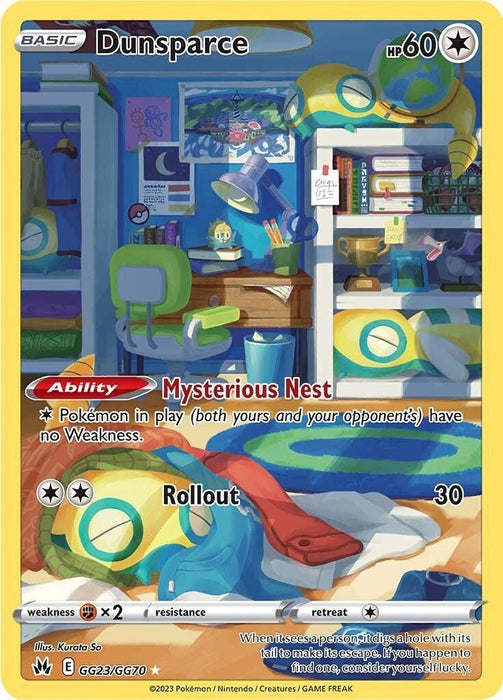A Dunsparce (GG23/GG70) [Sword & Shield: Crown Zenith] Pokémon card from the Sword & Shield series with a yellow border and 60 HP. The Holo Rare card features an illustrated room with bookshelves, a desk, and floating chairs. Text details its ability, "Mysterious Nest," which nullifies weakness, and the move "Rollout," which inflicts 30 damage.