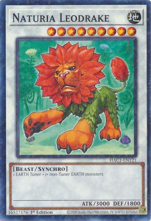 A Yu-Gi-Oh! Naturia Leodrake (Duel Terminal) [HAC1-EN121] Common, featured in the Hidden Arsenal series, showcases a beast with a lion's head and green foliage-like body on a purple background. This Synchro Monster boasts 3000 ATK and 1800 DEF, requiring 1 EARTH Tuner and 1+ non-Tuner EARTH monsters for summoning.