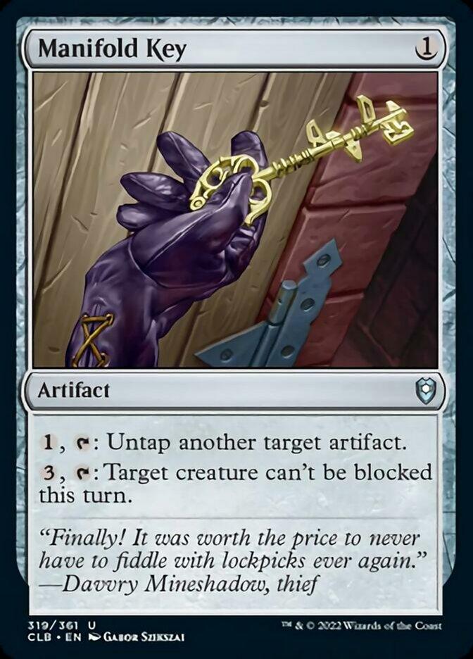 A hand wearing a purple glove holds a golden, intricate key towards a keyhole in a wooden door. The card title is 