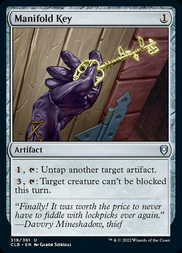 A hand wearing a purple glove holds a golden, intricate key towards a keyhole in a wooden door. The card title is "Manifold Key [Commander Legends: Battle for Baldur's Gate]" from Magic: The Gathering with a cost of 1 mana. This uncommon artifact can untap another artifact and make a target creature unblockable. Flavor text reads, "Davvy Mineshadow, thief.