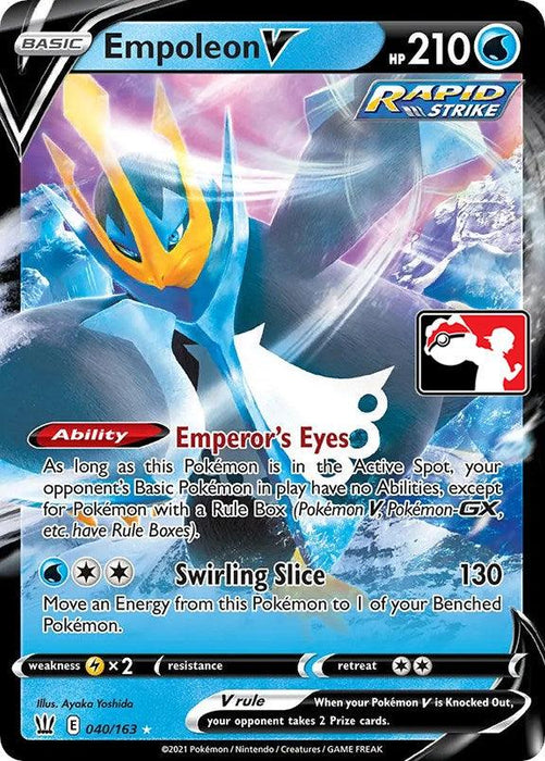 The image shows an Ultra Rare Empoleon V (040/163) [Prize Pack Series One] Pokémon trading card from the "Rapid Strike" series. It has 210 HP and a water type symbol. The card features a blue, yellow, and white Empoleon in a dynamic pose. Ability: "Emperor's Eyes." Attack: "Swirling Slice" for 130 damage. Weakness to electric type. Card