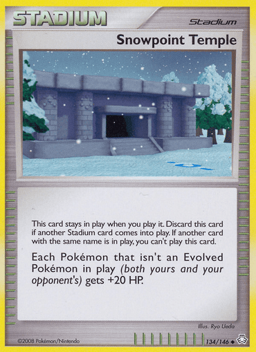 A Pokémon trading card titled "Snowpoint Temple (134/146) [Diamond & Pearl: Legends Awakened]" from Pokémon features a snow-covered stone building with an entrance. Snowflakes fall around the temple, adding to its mystique. The card text explains its Stadium effect on gameplay, giving each unevolved Pokémon in play an extra 20 HP.
