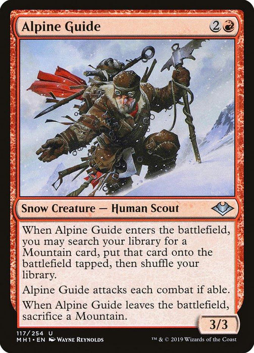 The image is an Alpine Guide [Modern Horizons] card from Magic: The Gathering, featuring a bearded man with climbing gear and a pickaxe on a snowy mountain. The red-bordered card has a cost of 2R, with creature type Snow Creature - Human Scout, power/toughness 3/3, and detailed abilities in the text.