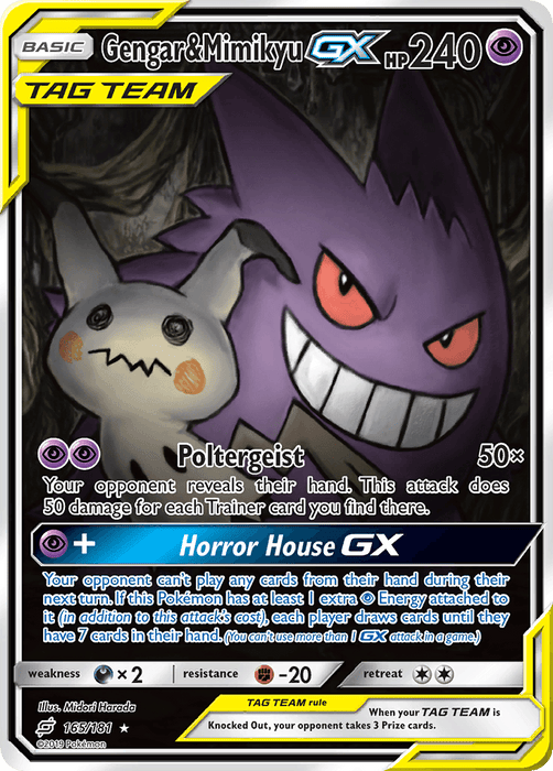 The Pokémon Gengar & Mimikyu GX (165/181) from the Sun & Moon: Team Up series boasts 240 HP. As a TAG TEAM type, Gengar's menacing grin pairs with Mimikyu's eerie appearance. This Ultra Rare card includes moves such as Poltergeist and Horror House GX, exhibits weakness to Darkness types, has resistance to Fighting types, and features a retreat cost of two colorless energy.