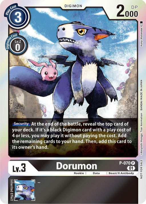 Sure, here is the revised sentence:

An image of a Digimon trading card featuring a creature named Dorumon. This promo card, Dorumon [P-070] (Limited Card Pack) [Promotional Cards], shows Dorumon with purple fur, white underside, and orange-tipped ears, standing in a natural environment with blue skies and clouds in the background. The card includes various stats and abilities for gameplay.