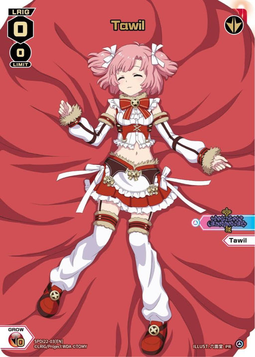 The image features an animated character named Tawil. She's lying on a red background in a relaxed pose with eyes closed. Tawil, an LRIG, has pink hair with twin ponytails and is dressed in a white and red outfit with various accessories, including fluffy cuffs, a choker, and thigh-high boots. The product is "Tawil (Box Purchase) (SPDi22-03[EN]) [Promo Cards]" by TOMY.