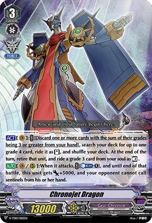 Image of a trading card from the game "Cardfight!! Vanguard." The Triple Rare card features "Chronojet Dragon (Parallel Foil) (V-TD10/002EN) [Chronojet]" by Bushiroad, a regal, armored dragon with mechanical elements and a large, decorated staff. The dragon stands confidently against a futuristic Gear Chronicle backdrop. Text details the card’s abilities and stats.