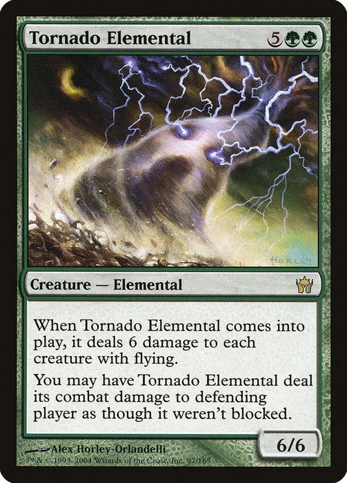 A Magic: The Gathering card titled "Tornado Elemental [Fifth Dawn]," a Rare Creature Elemental. It depicts a tornado surrounded by lightning, costs 5GG to play, and has a power and toughness of 6/6. Its abilities include dealing 6 damage to flying creatures and the option for combat damage as if unblocked.
