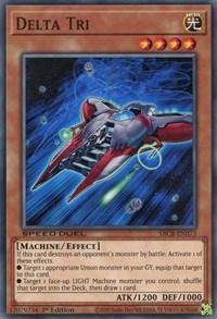 A Yu-Gi-Oh! trading card titled "Delta Tri [SBCB-EN073] Common." The Effect Monster features an illustration of a multi-winged, red, and silver mechanical bird flying in space. With 1200 ATK and 1000 DEF, this Machine/Effect card has effects related to destroying opponents' monsters and targeting LIGHT Machine monsters. Ideal for your Battle City Box or Speed Duel deck.