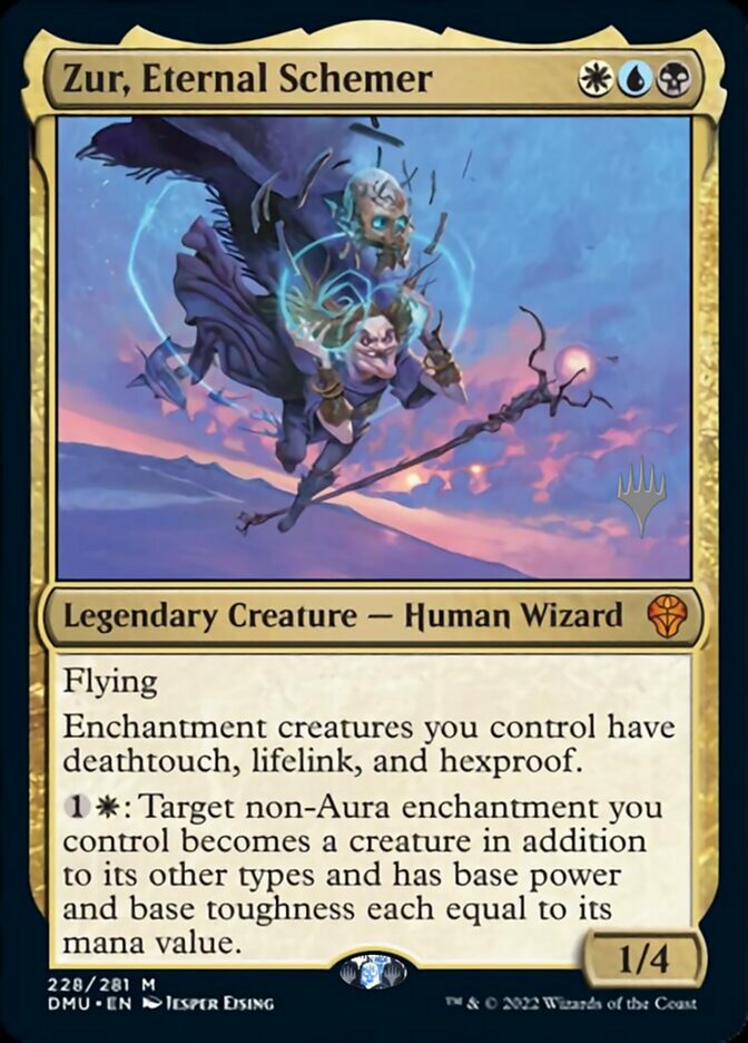 The card illustration for "Zur, Eternal Schemer (Promo Pack) [Dominaria United Promos]" from Magic: The Gathering showcases an ethereal figure in flight, cloaked in dark robes with glowing eyes. This Legendary Creature - Human Wizard requires one white and two blue mana symbols and boasts enchantment abilities with stats of 1/4.