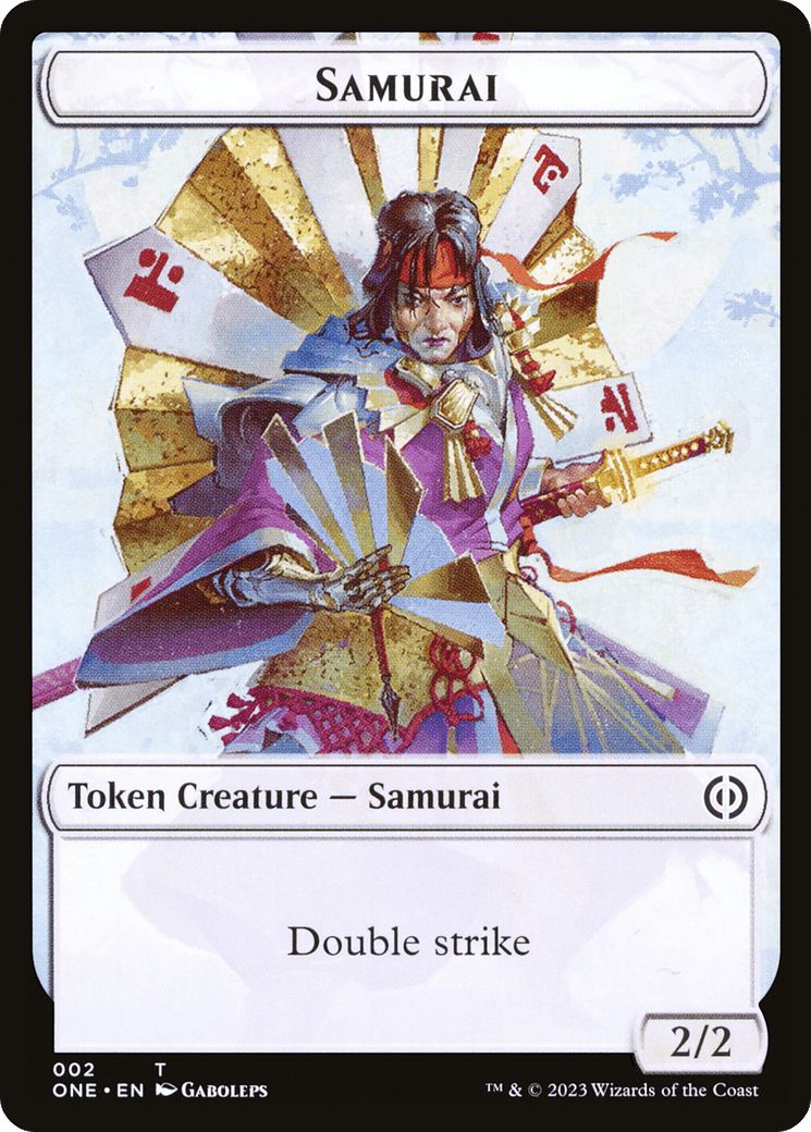 A Magic: The Gathering Samurai Token [Phyrexia: All Will Be One Tokens] depicting a Samurai with a sword. The Samurai wears ornate armor and holds a set of colorful fans. The card text reads 