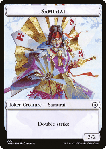 A Magic: The Gathering Samurai Token [Phyrexia: All Will Be One Tokens] depicting a Samurai with a sword. The Samurai wears ornate armor and holds a set of colorful fans. The card text reads "Token Creature — Samurai" from the Phyrexia: All Will Be One Tokens series, and "Double strike." The card's stats in the bottom right corner are 2/2. The background is a mix of light blue and