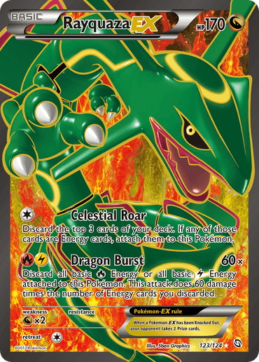 The image displays an Ultra Rare Pokémon trading card of Rayquaza EX (123/124) from the Black & White: Dragons Exalted series. The card showcases the dragon-like Pokémon Rayquaza in a dynamic pose, with its name and HP (170) prominently shown at the top. The details on the card highlight its abilities: Celestial Roar and Dragon Burst, all set against vibrant green scales.