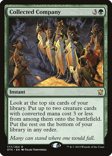 The image shows a "Collected Company" Magic: The Gathering card from Dragons of Tarkir, depicting armored figures in formation. This rare instant spell requires 3 generic and 1 green mana.