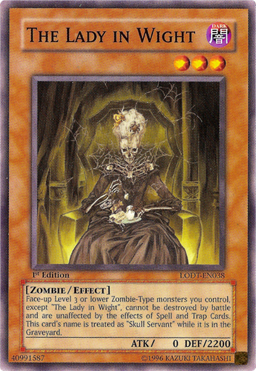 The Yu-Gi-Oh! card "The Lady in Wight" [LODT-EN038] Common depicts a ghostly figure with flowing hair seated on a throne in a somber setting. Serving as an anchor for Skull Servant, this Level 3 card has ATK 0 and DEF 2200, featuring significant zombie-type effects woven into its design.