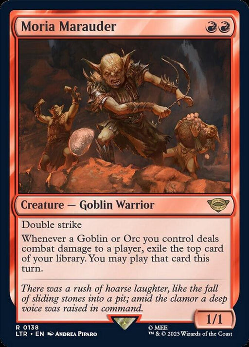 A rare Magic: The Gathering card titled "Moria Marauder [The Lord of the Rings: Tales of Middle-Earth]" features a grotesque figure wielding two weapons amidst a chaotic battle scene with other similarly monstrous creatures. With a red border, it reads "Creature — Goblin Warrior," "Double strike," and an ability related to Goblins or Orcs. Strength and defense: 1/1. Flavor text at the bottom nods to The Lord of