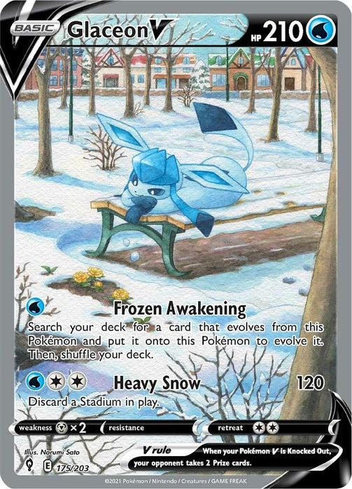 A Pokémon trading card depicts Glaceon V (175/203) [Sword & Shield: Evolving Skies] with 210 HP. This Ultra Rare card shows Glaceon V on a snowy park bench, sporting icy blue fur and features. It has the moves "Frozen Awakening" and "Heavy Snow." The Evolving Skies Water Type card is numbered 175/203, created in 2021 by Narumi Sato.