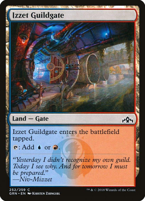 Trading card image titled "Izzet Guildgate (252/259) [Guilds of Ravnica]" from Magic: The Gathering. Features an illustration of a futuristic, magical gate with glowing blue and red elements. Dominated by metallic structures, lit tubes, and gears, this Land exudes an aura of technology and mysticism. The card's text details its in-game effects.