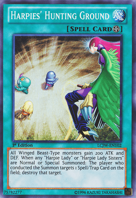 A Yu-Gi-Oh! spell card titled Harpies' Hunting Ground [LCJW-EN102] Super Rare from Legendary Collection 4: Joey's World. The artwork depicts a female character with long pink hair and a green outfit, standing in a forest with small creatures around her. This Field Spell boosts Winged Beast-Type monsters' ATK/DEF and destroys spells/traps when summoned.