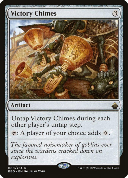 The image features a Magic: The Gathering card titled "Victory Chimes [Battlebond]" from the set. It's a rare artifact card with a casting cost of 3 colorless mana. The artwork depicts goblins ringing large, ornate chimes. The card text indicates it untaps during each player's untap step and allows a chosen player to add colorless mana.