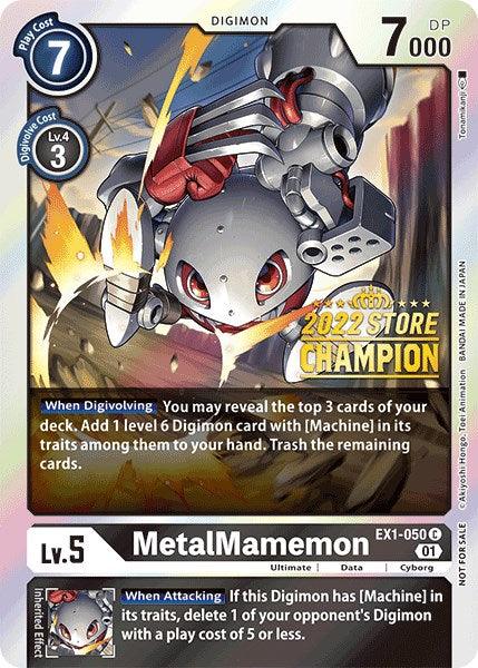 A Digimon card titled "MetalMamemon [EX1-050] (2022 Store Champion) [Classic Collection Promos]." This Classic Collection Promo features a cyborg Digimon with metallic arms and legs, flying with rocket boosters. It has a play cost of 7, DigiBurst cost of 3, DP of 7000, and level of 5. Included are "When Digivolving" and "When Attacking" effects.