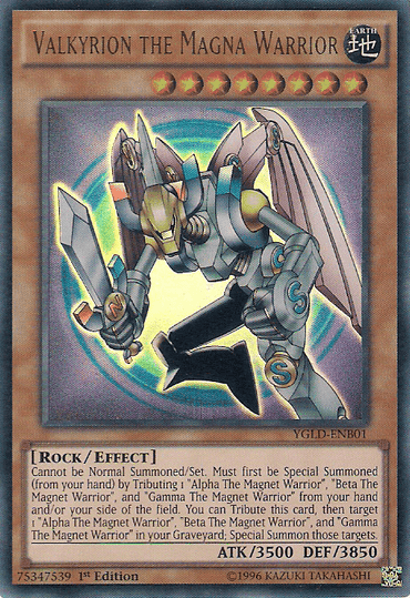 An image of the Valkyrion the Magna Warrior [YGLD-ENB01] Ultra Rare Yu-Gi-Oh! trading card from Yugi's Legendary Decks. The card shows a metallic humanoid warrior with large wings and a lance. It has 3500 ATK and 3850 DEF, is of Rock type, and includes effects related to summoning by tributing specific Magnet Warriors.