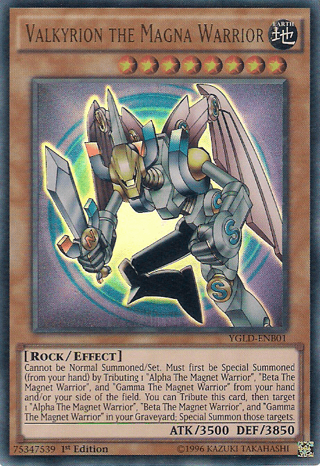 An image of the Valkyrion the Magna Warrior [YGLD-ENB01] Ultra Rare Yu-Gi-Oh! trading card from Yugi's Legendary Decks. The card shows a metallic humanoid warrior with large wings and a lance. It has 3500 ATK and 3850 DEF, is of Rock type, and includes effects related to summoning by tributing specific Magnet Warriors.