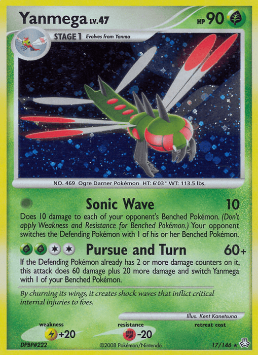 A Yanmega (17/146) [Diamond & Pearl: Legends Awakened] from Pokémon with a green and yellow border. Yanmega, a dragonfly-like creature with red eyes and green, patterned wings, is central. It has 90 HP and evolves from Yanma. As a Grass Type Stage 1 Pokémon, its attacks are Sonic Wave and Pursue and Turn. It's card 17/146.