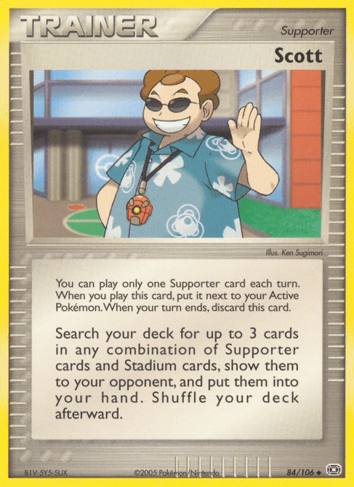 A Pokémon Trainer Supporter card titled "Scott (84/106) [EX: Emerald]" from the EX: Emerald set, featuring an illustration of a man in sunglasses, wearing a blue Hawaiian shirt with white outlines. He is holding a backpack strap with an orange keychain. Text explains the card's effect for deck searches. The card borders are silver and yellow. This uncommon card from Pokémon is sure to be a valuable addition to your collection!