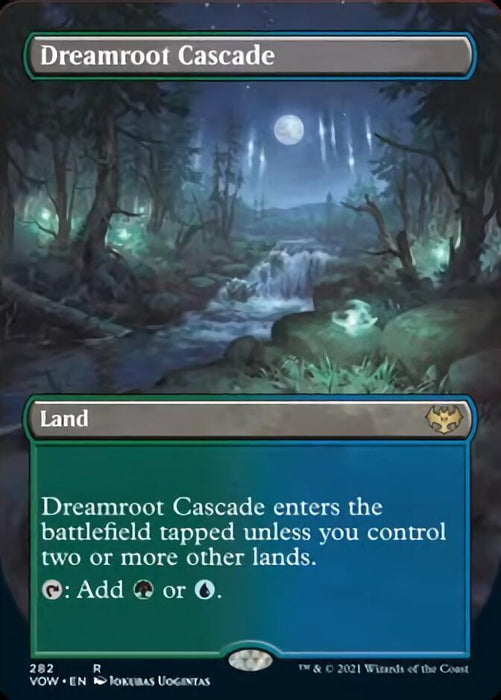 A Magic: The Gathering card named "Dreamroot Cascade (Borderless Alternate Art) [Innistrad: Crimson Vow]". This rare land card has a blue and green border, depicting a mystical forest scene with bioluminescent plants and a cascading waterfall under a moonlit night sky. It enters the battlefield tapped unless you control two or more other lands and can produce green or blue mana.