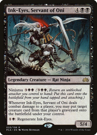 A Magic: The Gathering card titled "Ink-Eyes, Servant of Oni [Planechase Anthology]." It's a legendary creature - Rat Ninja with a power/toughness of 5/4. The card features a rat warrior wielding a large curved sword, standing in a dark, eerie forest. Its mana cost is 4 generic and 2 black, boasting Ninjutsu ability and regeneration details.