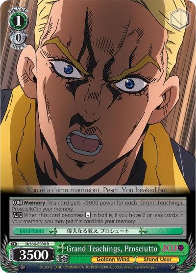 A rare character card featuring a furious blonde character with markings on their face and dark eye makeup. The card includes the text: “You’re a damn mammoni, Pesci. You freaked out.” Titled "Grand Teachings, Prosciutto (JJ/S66-E030 R) [JoJo's Bizarre Adventure: Golden Wind]" from the series JoJo's Bizarre Adventure: Golden Wind by Bushiroad. Power: 3500.