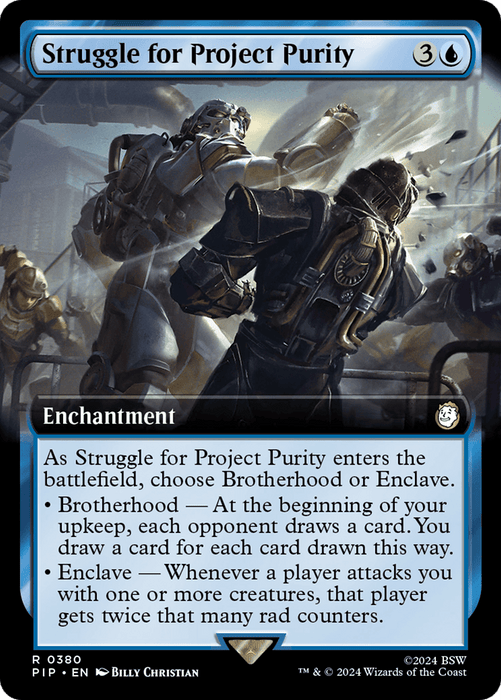 A Magic: The Gathering card titled "Struggle for Project Purity (Extended Art) [Fallout]." The rare Enchantment card shows armored figures battling amidst blue flames and rubble. Its mana cost is a blue and three generic mana. Detailed rules for "Brotherhood" and "Enclave" abilities enhance the game, invoking a post-apocalyptic Fallout theme.