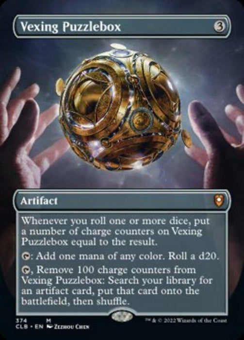 An image of the Magic: The Gathering card titled "Vexing Puzzlebox (Borderless Alternate Art) [Commander Legends: Battle for Baldur's Gate]". This mythic artifact, costing 3 colorless mana, has abilities tied to rolling dice and manipulating charge counters. The illustration showcases a complex golden puzzle sphere against a dark background.