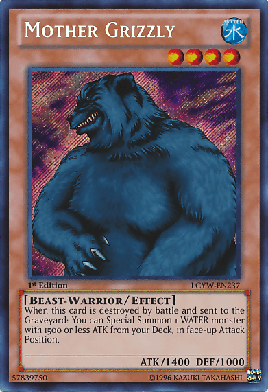 Yu-Gi-Oh! trading card of Mother Grizzly [LCYW-EN237] Secret Rare from Legendary Collection 3: Yugi's World. This Secret Rare card features a fearsome blue bear standing on two legs. As a Beast-Warrior, it special summons a WATER monster when destroyed. It has an ATK of 1400, DEF of 1000, and four stars.