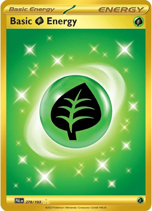 A Basic Grass Energy (278/193) [Scarlet & Violet: Paldea Evolved] trading card from the Pokémon series. The card features a green and black leaf symbol in the center encased in a green orb with a glowing effect. The background is green with twinkling star-like highlights, bordered in gold, and marked as 278/193 Hyper Rare.