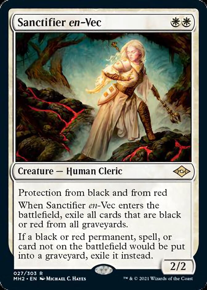 The image is of a Magic: The Gathering card titled "Sanctifier en-Vec [Modern Horizons 2]" from Magic: The Gathering. This rare creature, a human cleric radiant with glowing light, stands in a powerful pose. Its abilities include protection from black and red, and the power to exile black and red cards upon entering the battlefield.