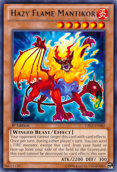 A Yu-Gi-Oh! trading card from the Cosmo Blazer set featuring the Hazy Flame Mantikor [CBLZ-EN082] Rare. The card depicts a fiery, lion-like beast with wings, a phoenix-like tail, and blue flames emanating from its mane and body. It has an ATK of 2200 and DEF of 300. The card's text details its winged beast.