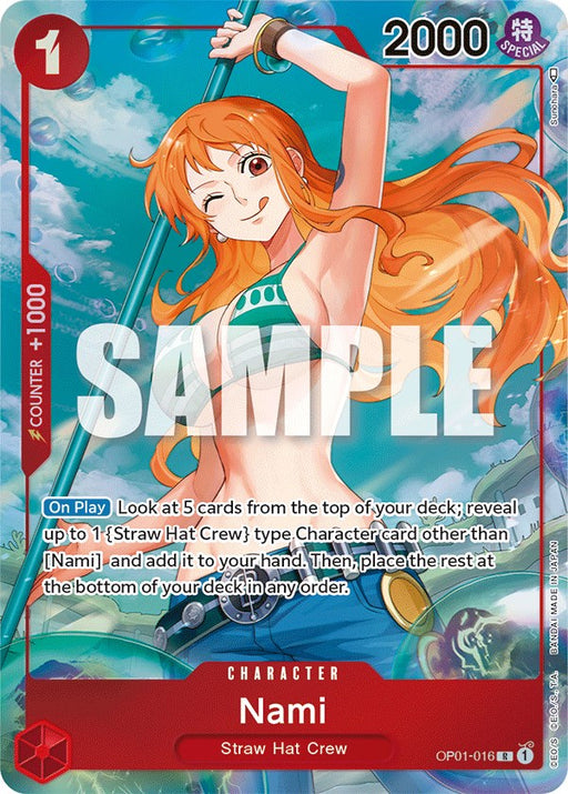 A Nami (Parallel) [Romance Dawn] character card from Bandai featuring Nami of the Straw Hat Crew. She has orange hair and is smiling against a blue sky with clouds, wearing a green and white bikini top paired with a blue jean-like belt. The card showcases stats and special abilities, along with a prominent "SAMPLE" watermark across it.